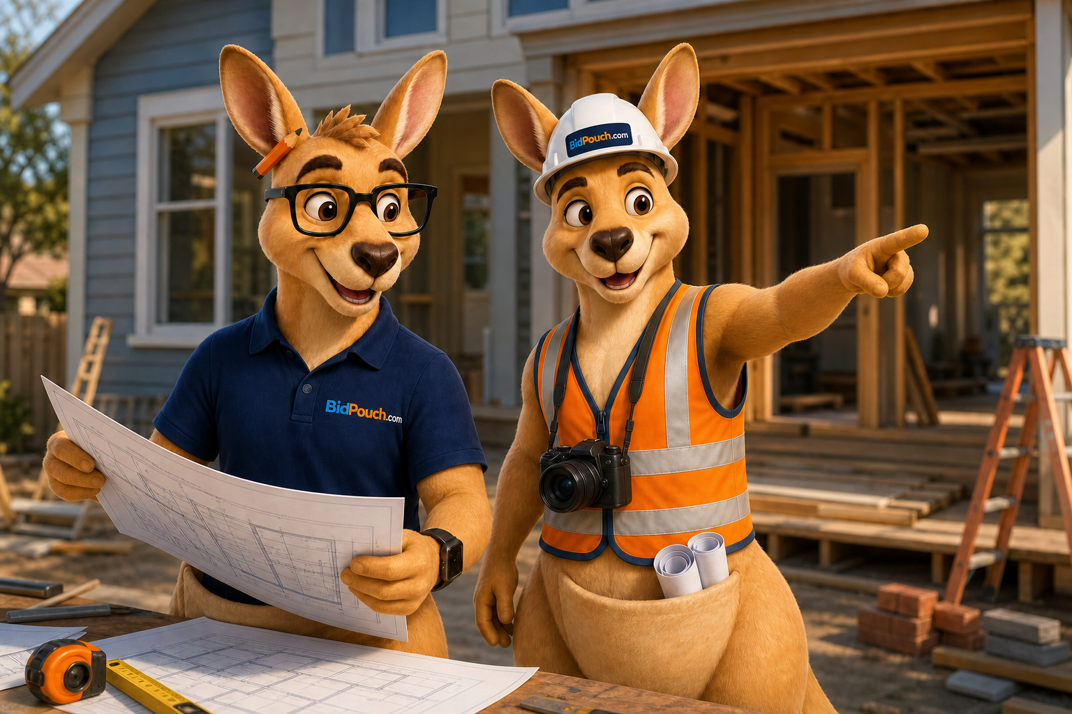 Roofus and Kangus reviewing plans at a residential remodeling project