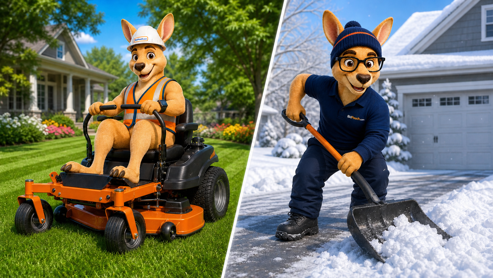 Kanga mowing a lawn and Roofus in winter workwear shoveling snow