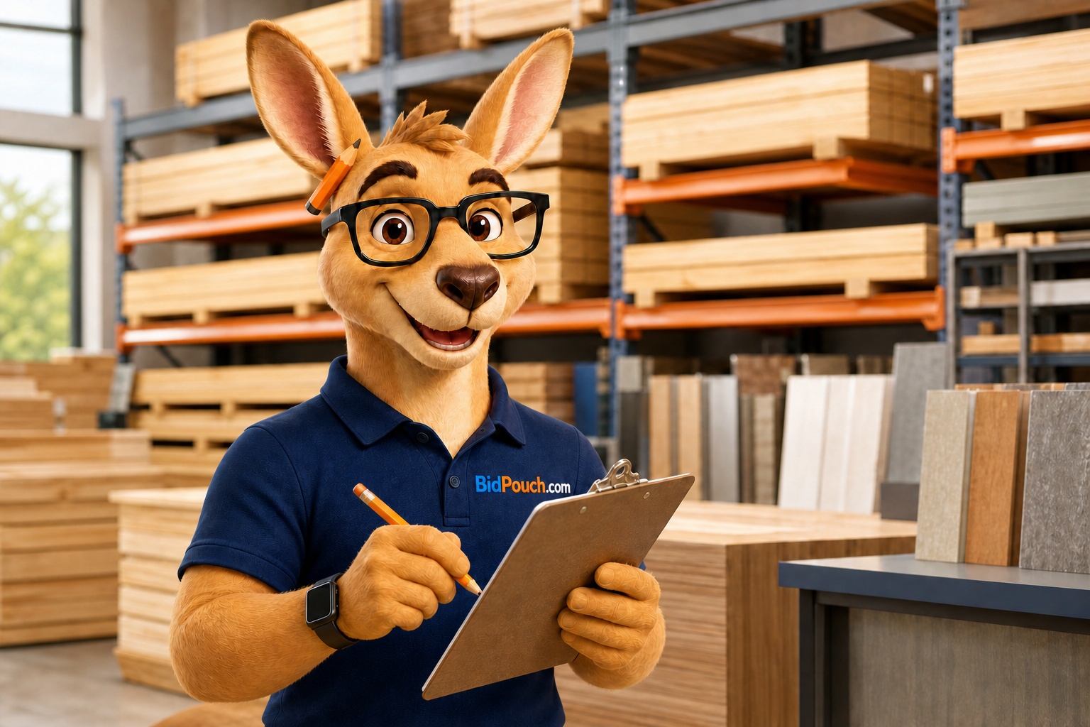 Roofus preparing a building-material estimate in a lumberyard