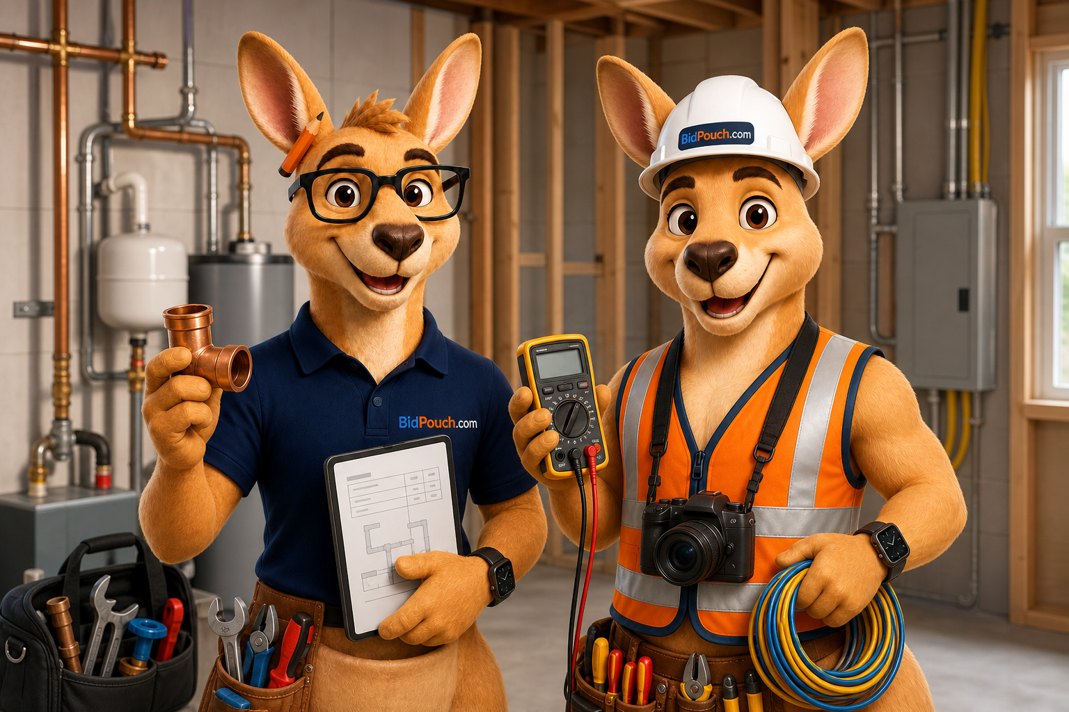 Roofus and Kangus representing plumbing, electrical and specialty trade contractors