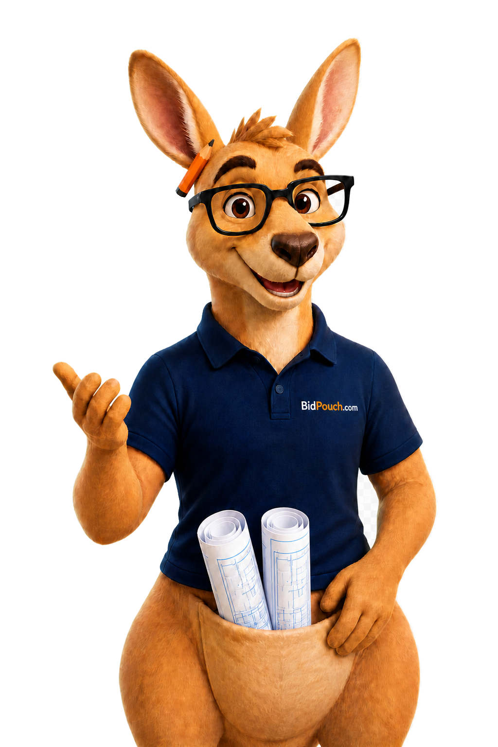 Roofus wearing a BidPouch.com polo with a pencil and two rolled plan sets in his pouch